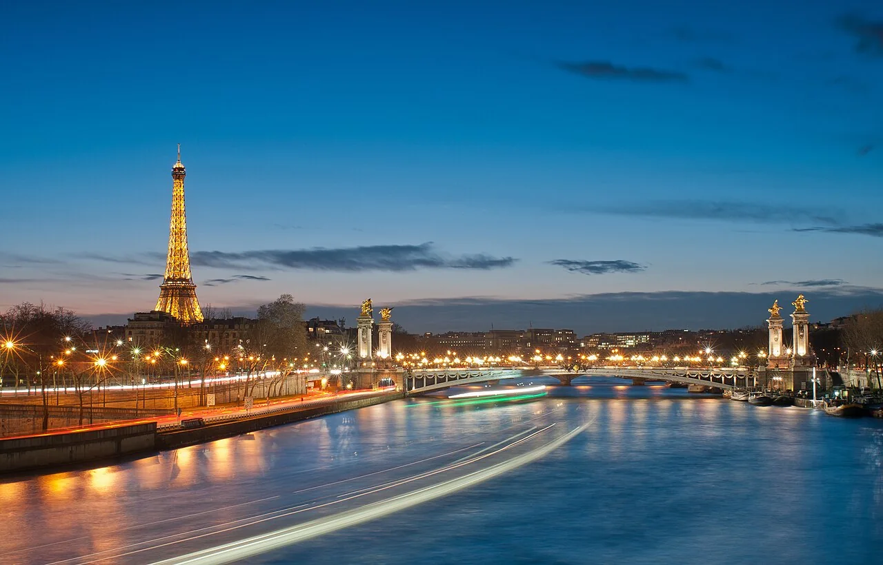 The Eiffel Tower and Pont Alexandre III at blue hour in Paris