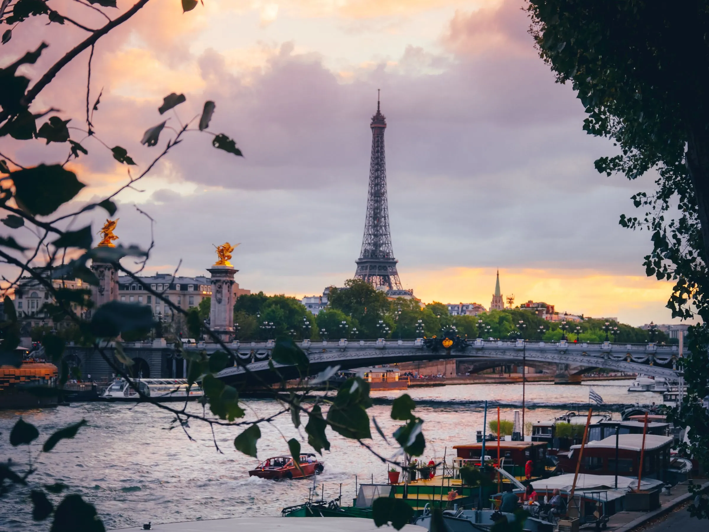 The Eiffel Tower at dusk, framed by leaves