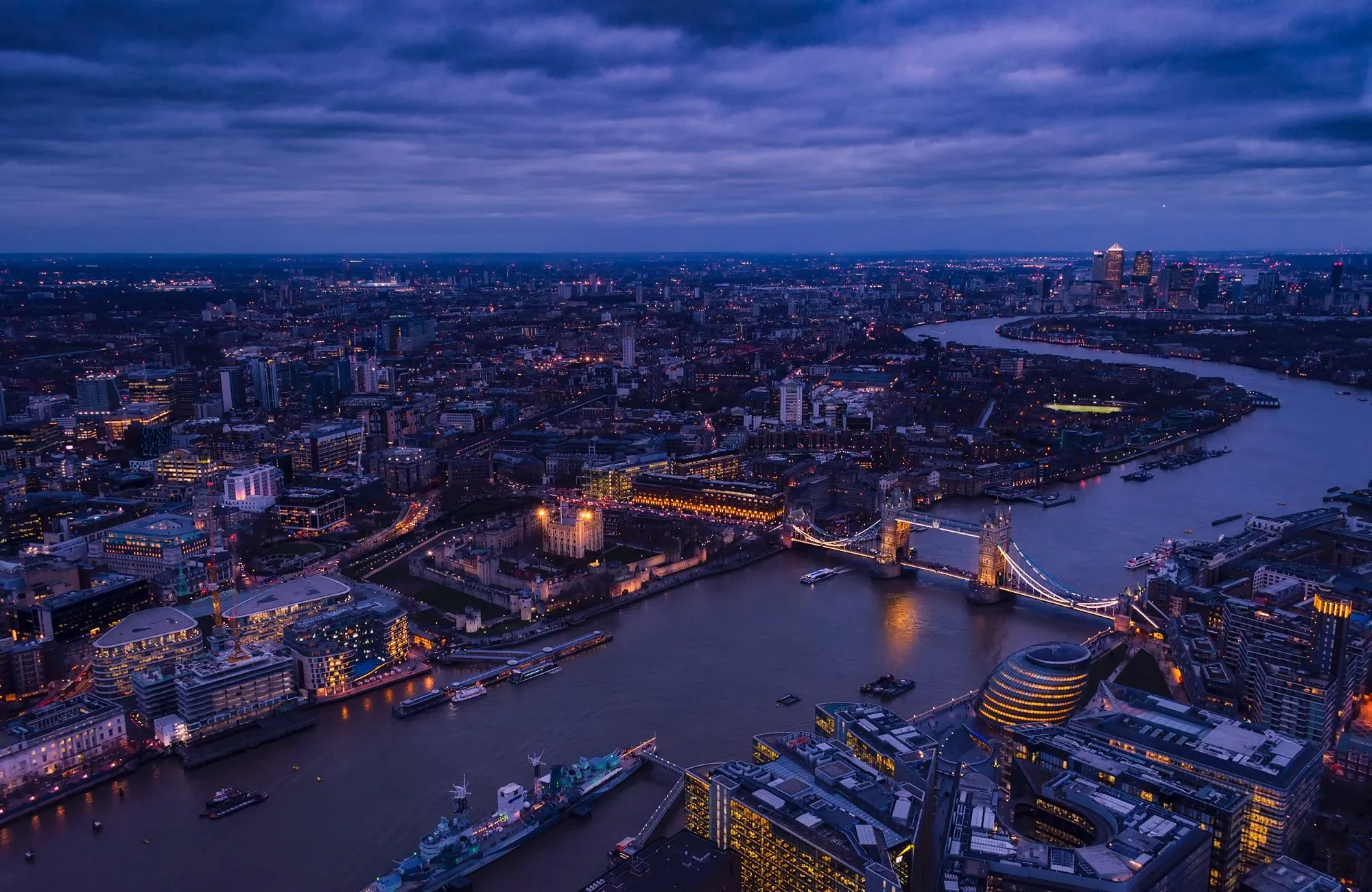 Tower Bridge and the Thames at dusk, London